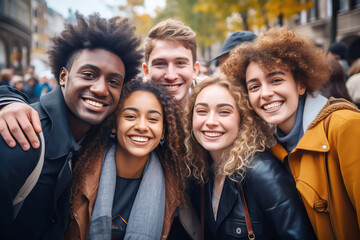Multiracial Diverse Students happy to meet after the holidays in College or University