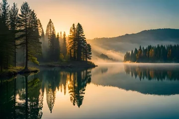 Fotobehang sunrise over the lake © Muhammad