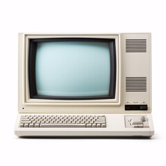 Close up of old computer monitor isolated on white background. Retro wave old personal computer PC. Nostalgia concept.