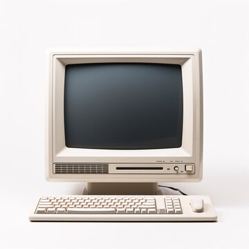 Close up of old computer monitor isolated on white background. Retro wave old personal computer PC. Nostalgia concept.