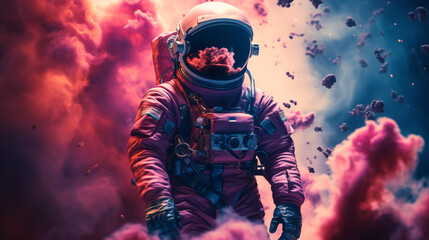 Illustration of man in space suit inside softly glowing pink and blue galactic cloud. Peaceful galaxy astronaut. Retrowave.