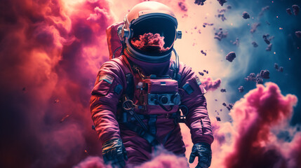 Fototapeta premium Illustration of man in space suit inside softly glowing pink and blue galactic cloud. Peaceful galaxy astronaut. Retrowave.