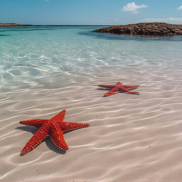 Two red starfishes in clear ocean water near the beach
