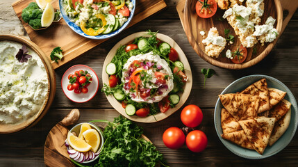 Selection of traditional greek food - salad, meze, pie, fish, tzatziki, dolma on wood background, top view - obrazy, fototapety, plakaty
