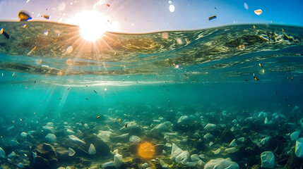 Fototapeta na wymiar Plastic Ocean - An underwater shot of marine wildlife surrounded by plastic waste to raise awareness about ocean pollution. Generative ai