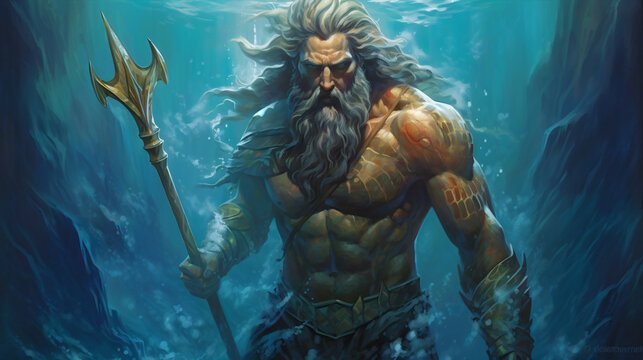 Poseidon God of Sea and Water figure character. Ancient greek god. Mythology. Colorful painting illustration