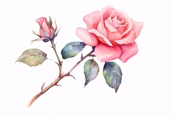 Fototapeta na wymiar Flowers roses, branches, leaves and buds on an isolated white background, watercolor illustration, floral design. Generative Ai.
