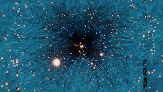 camera flight through frames of frosted spruce branches. 3d render