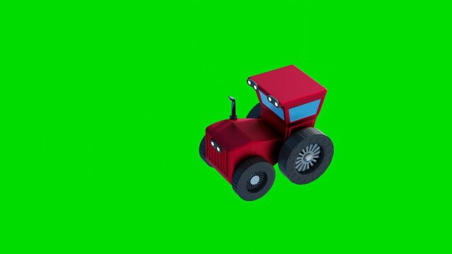 3D model of a stylized tractor drives from right to left on a green background. green screen animation. 3d render