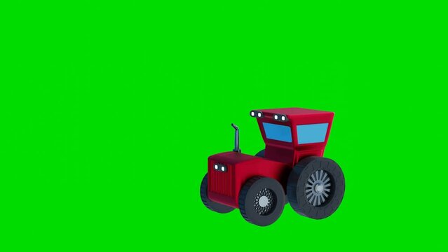 3D model of a stylized tractor drives from right to left on a green background. green screen animation. 3d render
