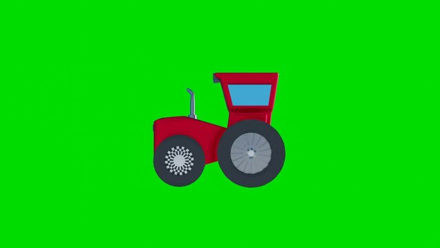 3D model of a stylized tractor drives from right to left on a green background. green screen animation. 3d render