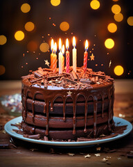 Chocolate birthday cake with candles, generative ai 