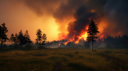 Countryside forest with cloudy sky covered by fire smoke during the evening, generative ai 