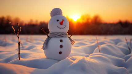 Fototapeta premium cute snowman on snowy field, generative ai 