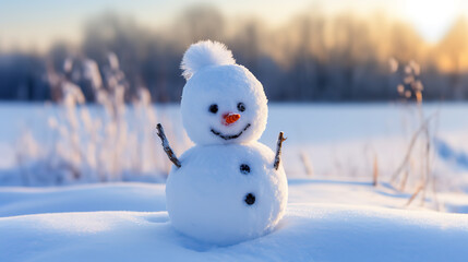 cute snowman on snowy field, generative ai 