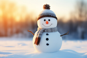 Obraz premium cute snowman on snowy field, generative ai 