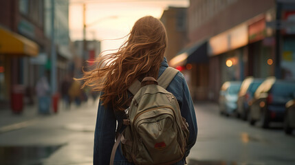 Fototapeta premium girl walking across a street with a backpack on her back, back view, generative ai 