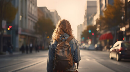 Obraz premium girl walking across a street with a backpack on her back, back view, generative ai 