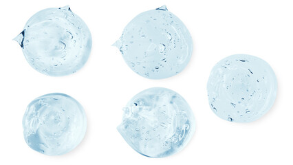 A set of smears and drops or drops of a transparent blue gel, serum. On an empty transparent background.