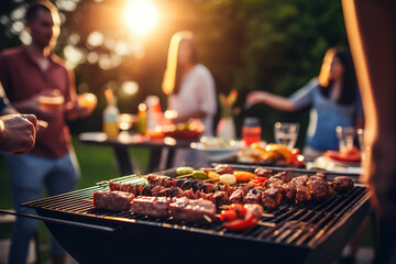 Group of friends having party outdoors. Focus on barbecue grill with food, generative ai 