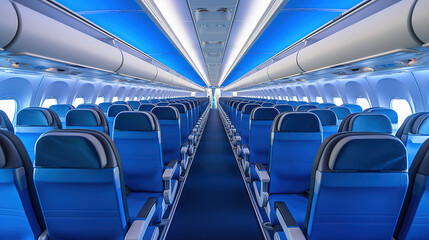 Naklejka premium Interior of empty modern aircraft with blue flight seats and hallway in daytime during flight, generative ai 
