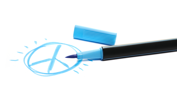 Blue brush pen and symbol of peace isolated on white