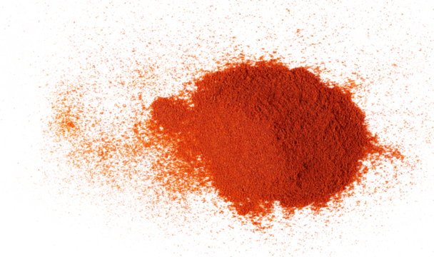 Pile of red paprika powder isolated on white, top view