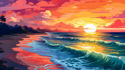 Fototapeta na wymiar Vibrant Digital Painting of a Stunning Sunset Over the Sea - generative ai