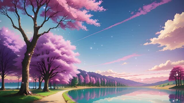 Views of cherry trees, rivers and mountains in cartoon and anime style. Seamless looping video