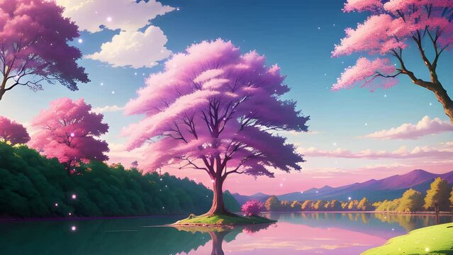 Views of cherry trees, rivers and mountains in cartoon and anime style. Seamless looping video