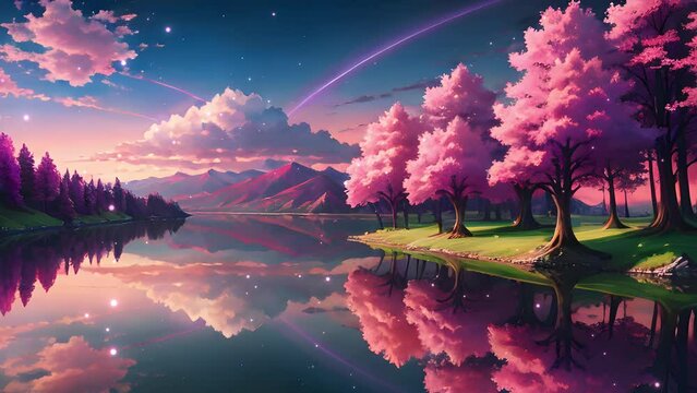 Views of cherry trees, rivers and mountains in cartoon and anime style. Seamless looping video