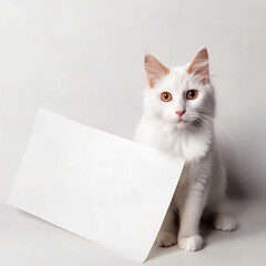 Funny beautiful animal kitty. Cute cat portrait with white paper. Generative AI.