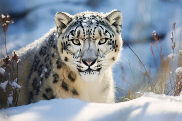 Fototapeta na wymiar Portrait of a fierce and curious Snow Leopard