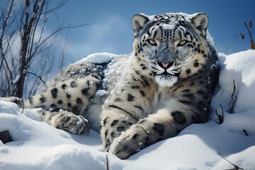 Portrait of a fierce and curious Snow Leopard