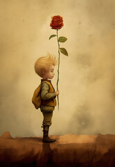 Vintage Illustration of Le Petit Prince Holding His Rose - generative ai
