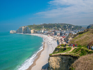 White cliffs of Etretat, Normandy, France,  with stunning view of the emerald sea ( the channel)...