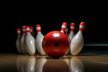 Plakat Strike Master: Captivating Image of a Bowling Ball Hitting Pins and Scoring a Strike, Bowling Ball, Hitting Pins, Strike, Score, Bowling Alley, Sports, Recreation, Bowling Game,