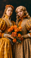 Vintage Floral Dresses: Two Young Women Embracing Timeless Fashion - generative ai