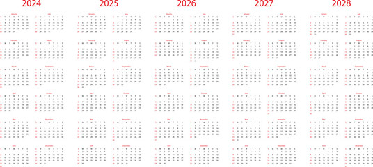 Set of calendars. Calendar 2024, calendar 2025, calendar 2026, calendar 2027, calendar 2028. Week start Monday