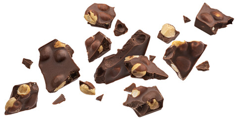 Dark chocolate chunks with hazelnut isolated on white background