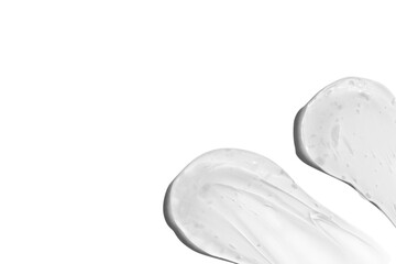 Composition of smears and drops or drops of a transparent gel, serum. On an empty transparent background.