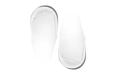 Composition of smears and drops or drops of a transparent gel, serum. On an empty transparent background.