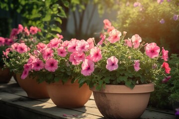 Fototapeta na wymiar Pretty in Pink: Petunia Flowers in Flowerpots on a Delicate Background, Pink Petunia Flowers, Flowerpots, Background, Floral Beauty, Garden Delights, Spring Blossoms, Nature's Palette,