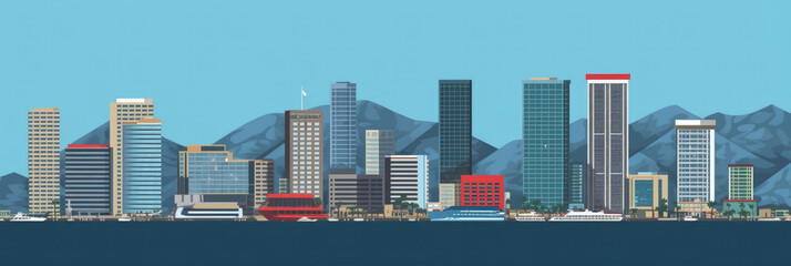 Fototapeta premium Cape Town city panorama, urban landscape with modern buildings. Business travel and travelling of landmarks. Illustration, web background. Skyscraper silhouette. South Africa - Generative AI