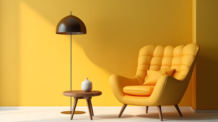 Tufted armchair and coffee table with lamp near yellow wall. Interior design of modern living room.