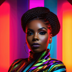 Naklejka na ściany i meble Black woman fashion portrait on abstract colorful background. Afro american female model looking at camera, neon colored lighting. Created with Generative AI