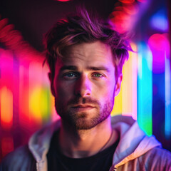 Man fashion portrait on abstract colorful background. Male model looking at camera, neon colored lighting. Created with Generative AI