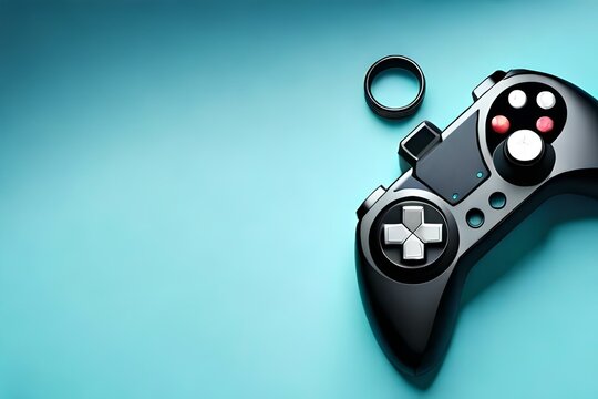 Black video game controller on a pastel blue background