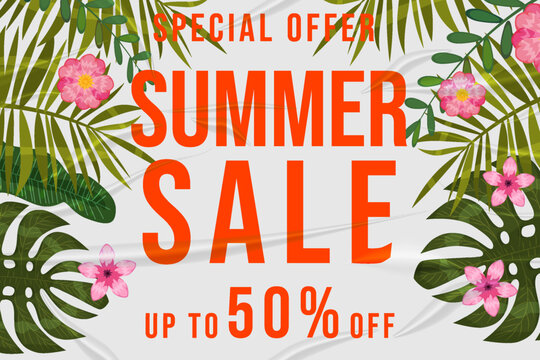 Summer Sale glued paper with wrinkles effect realistic banner tropical colorful plants