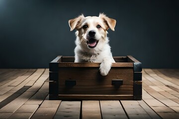 white  dog sitting in the wooden box generated Ai technology - Powered by Adobe
